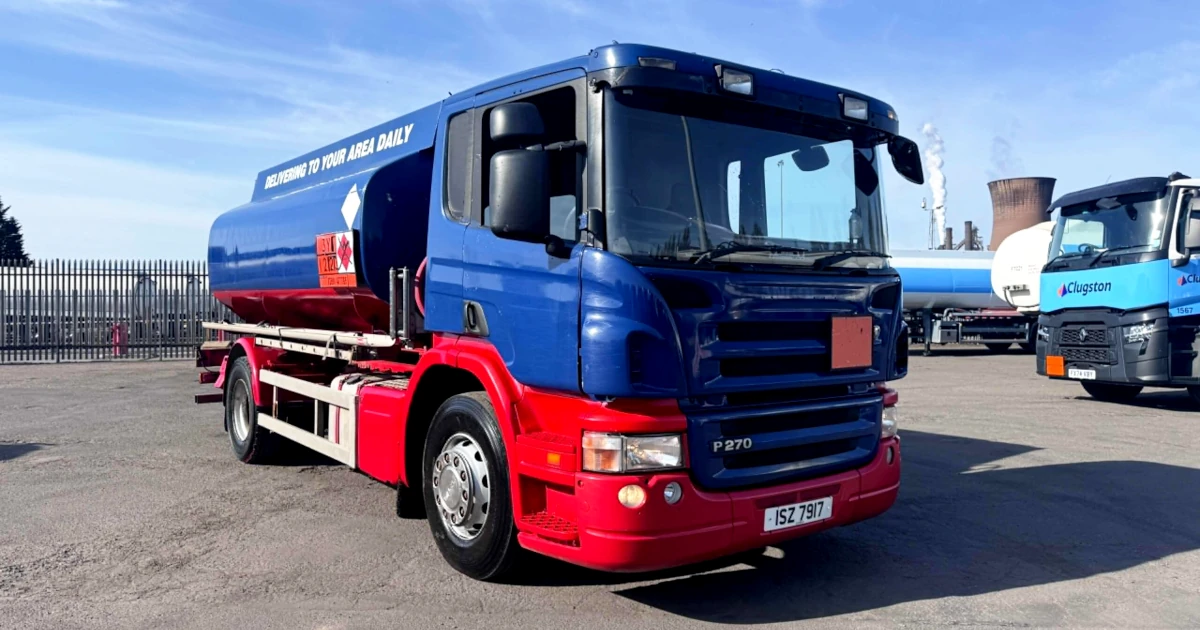 gallery 2008 Scania P270 right hand drive fuel tanker truck (lorry) in blue and red, available for export from the UK. Ideal for fuel transport and distribution in Africa, Asia, and South America.